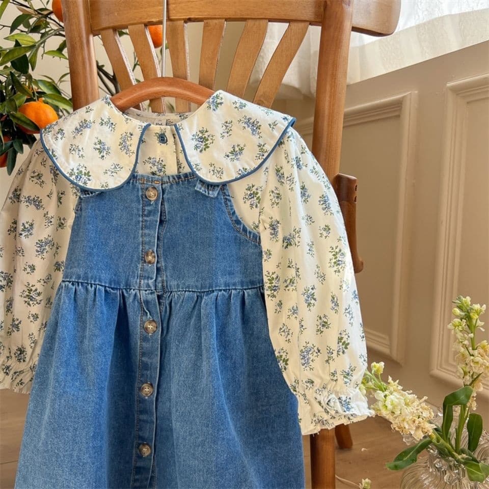 Girls' Spring 2025 New Style Floral Print Shirt and Denim Overalls Two-Piece Set