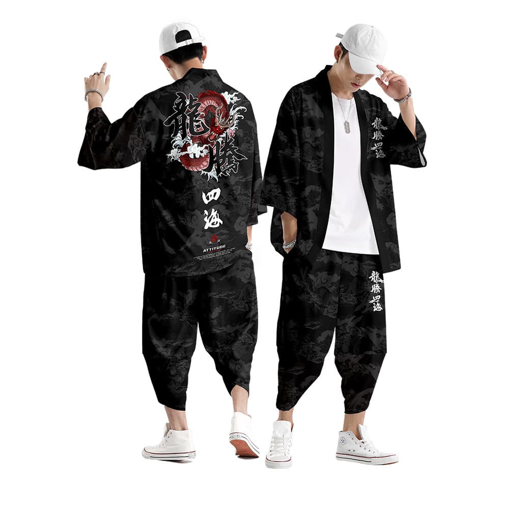 2023 New Longteng Shihai Illustration Casual Feather Weaving Robe Kimono Cropped Pants Men's Large Size Casual Suit