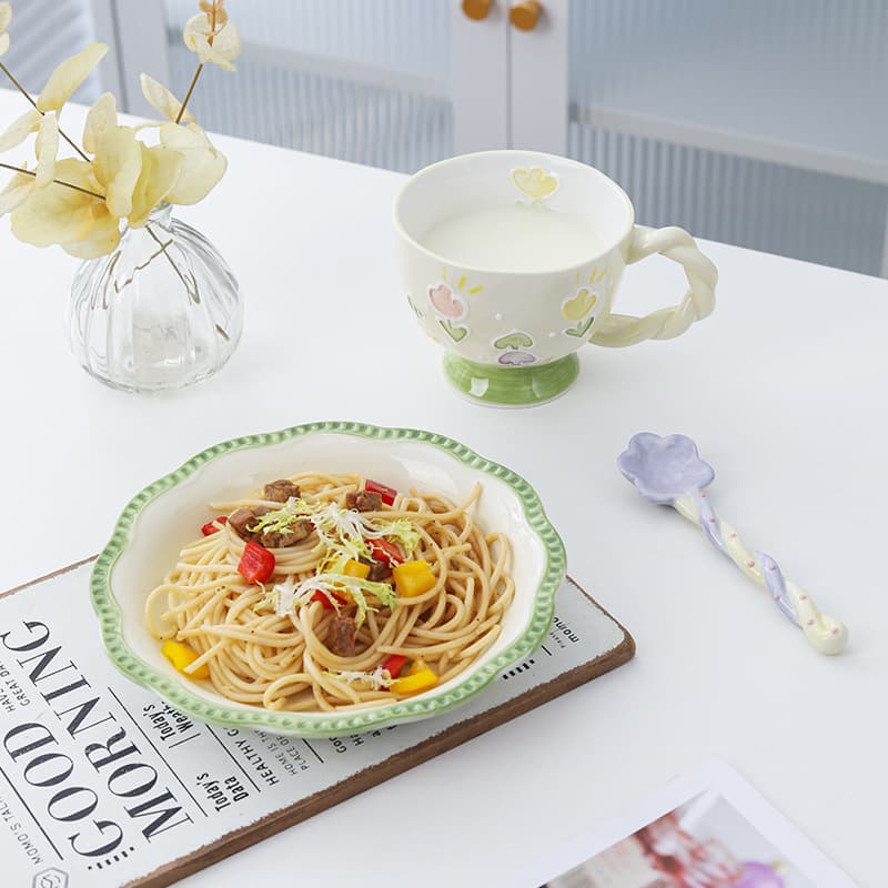 Hand-painted Relief Ceramic Pasta Plate Large Capacity Breakfast Cup Cute Creative Spoon Household Tableware Set Wholesale