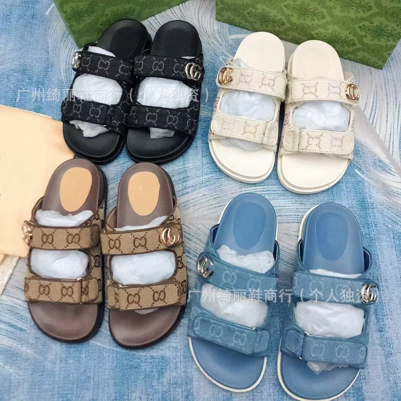 G-House 2026 New Canvas Embroidered Print Thick Sole Velcro Women's Summer Flat Casual Beach Sandals
