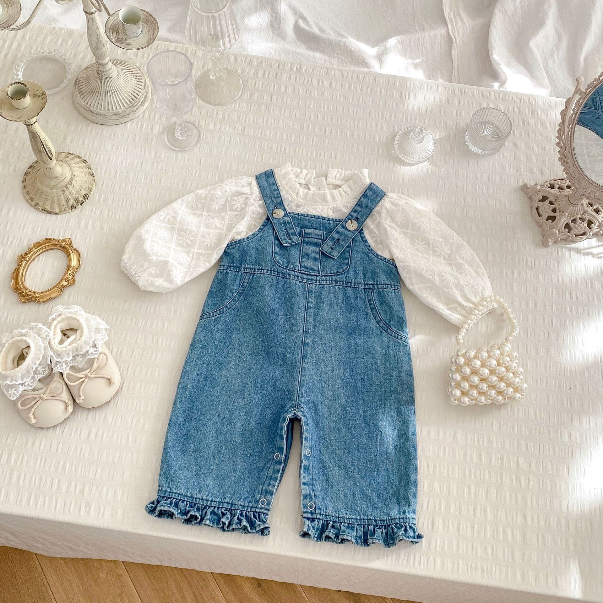 Autumn New Girls Denim Overalls Set with Embroidered Top, Versatile Casual Denim Jumpsuit Romper 2-Piece Set