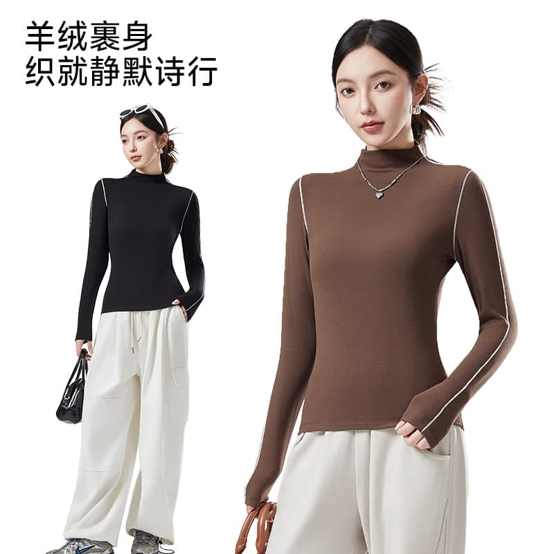 Rose-Style Autumn/Winter Half-Turtleneck Thermal Top for Women, 10A Antibacterial Wool Blend, Skin-Beautifying Warm Base Layer