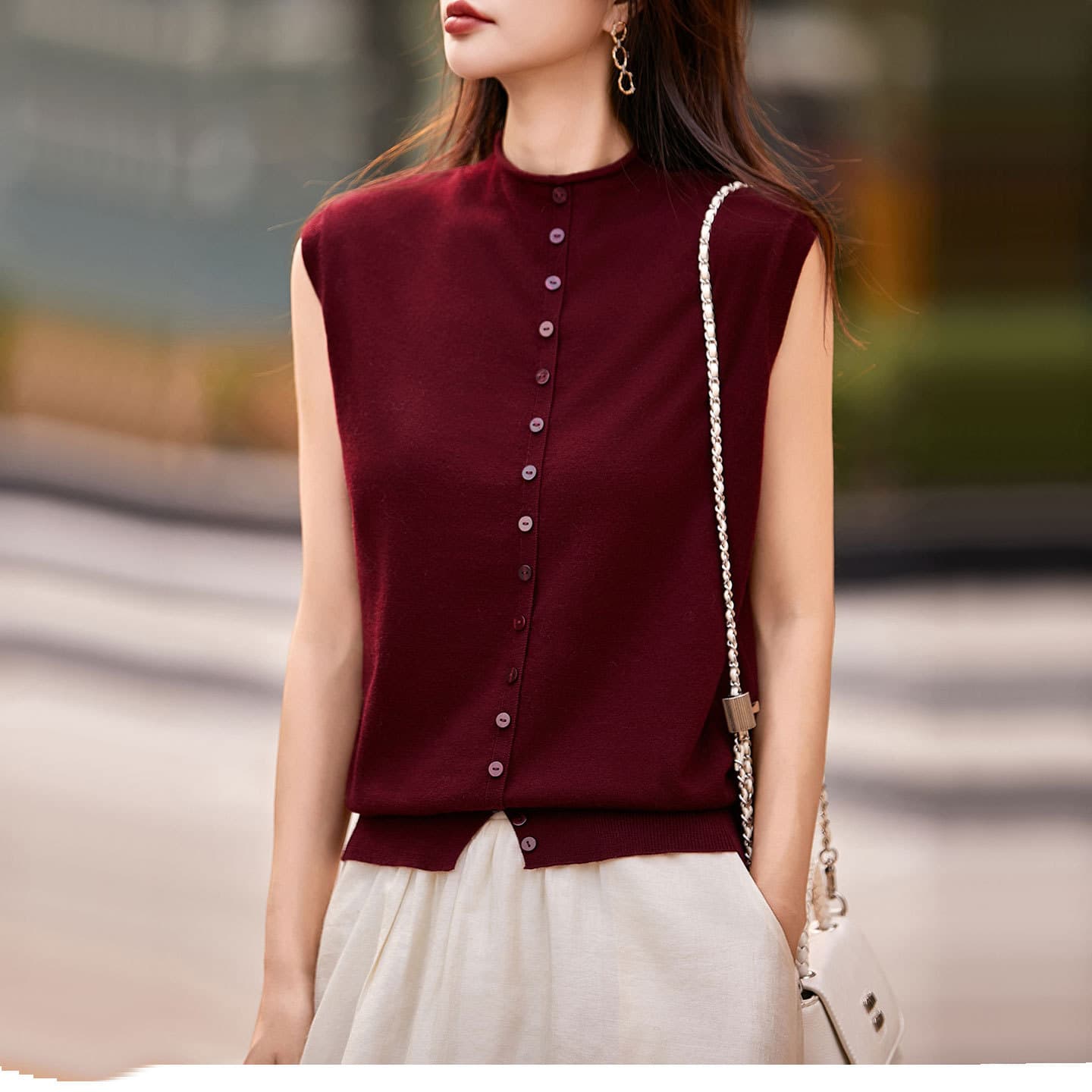 [Factory Direct] Solid Color Mock Neck Sleeveless Knit Cardigan Sweater for Women Autumn Slim Fit Base Layer Top