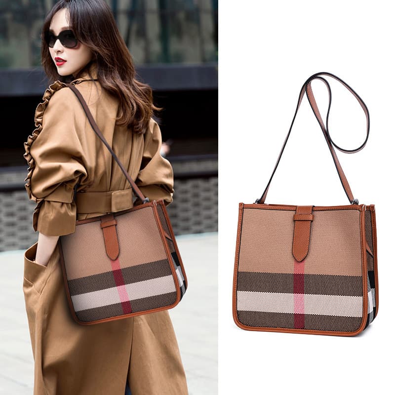 Qiandian high-end plaid canvas trendy 2026 new diagonal cross-body bag with leather small square bag single shoulder crossbody bag women's bag