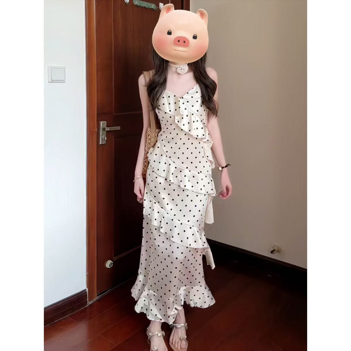 Pure lust style hot girl polka dot temperament suspender dress women's summer seaside vacation temperament waist-cinching ruffled long skirt