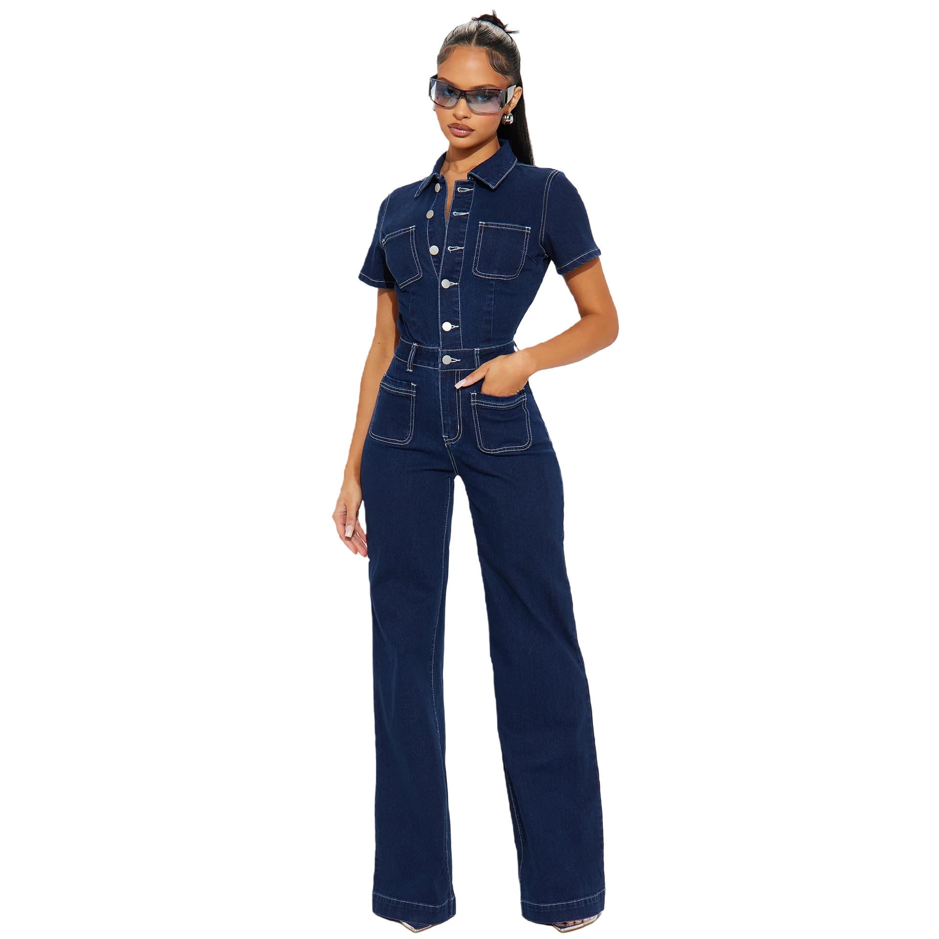 Independent Station Wish Cross-Border Women's Clothing Bestseller Loose Casual Short Sleeve Pocket Slim Denim Jumpsuit Wide Leg Pants