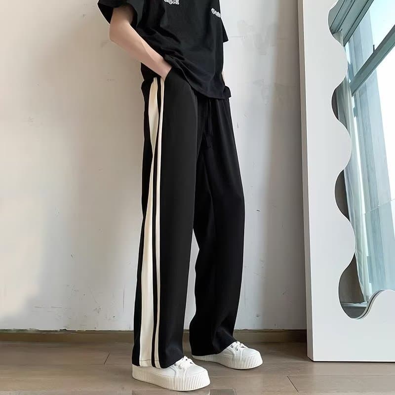 American side striped ice silk pants for men in summer high street fashion brand vertical straight pants casual wide leg loose trousers