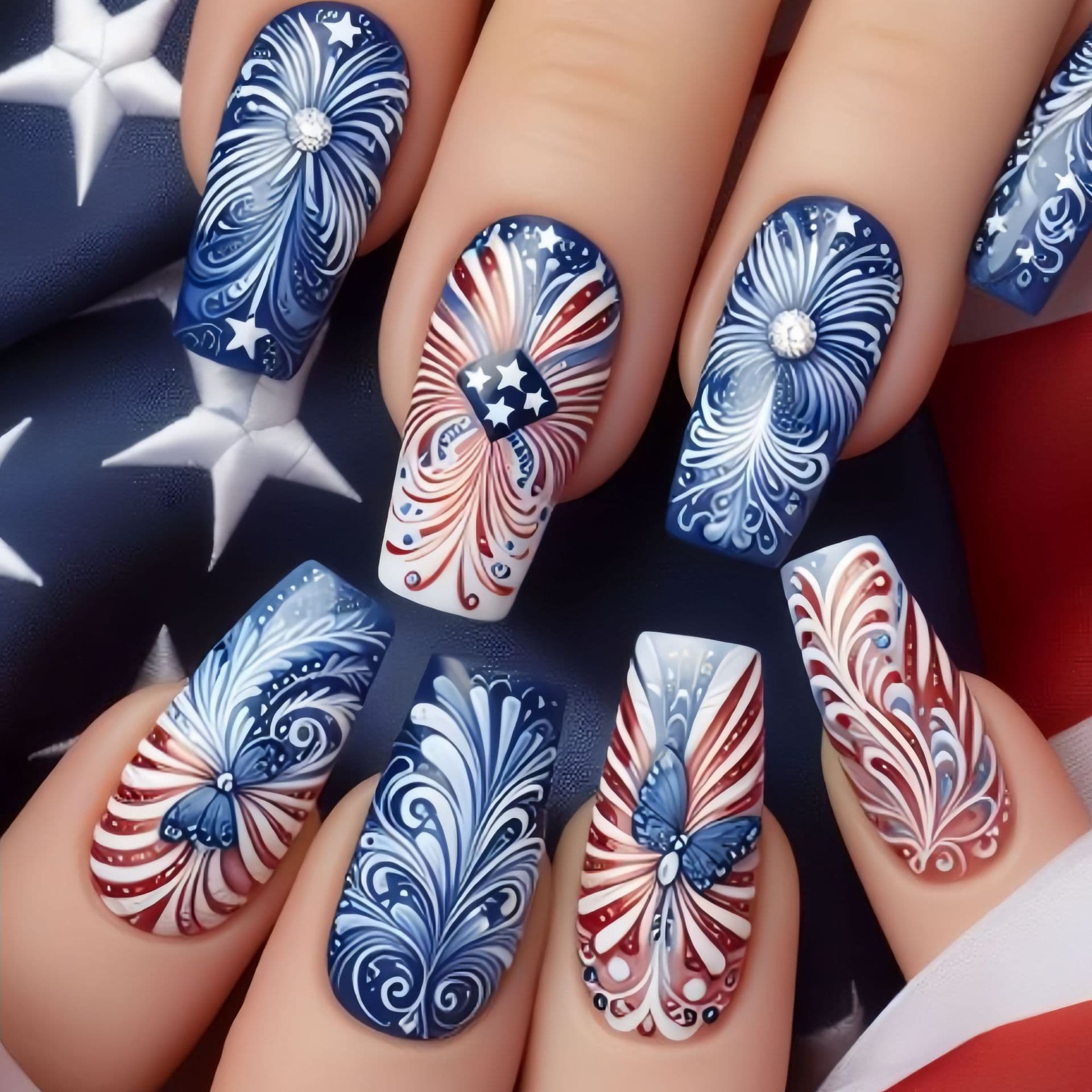 Press-On Nail Tips Blue Nails Medium-Long Square Nail Tips Independence Day Nails