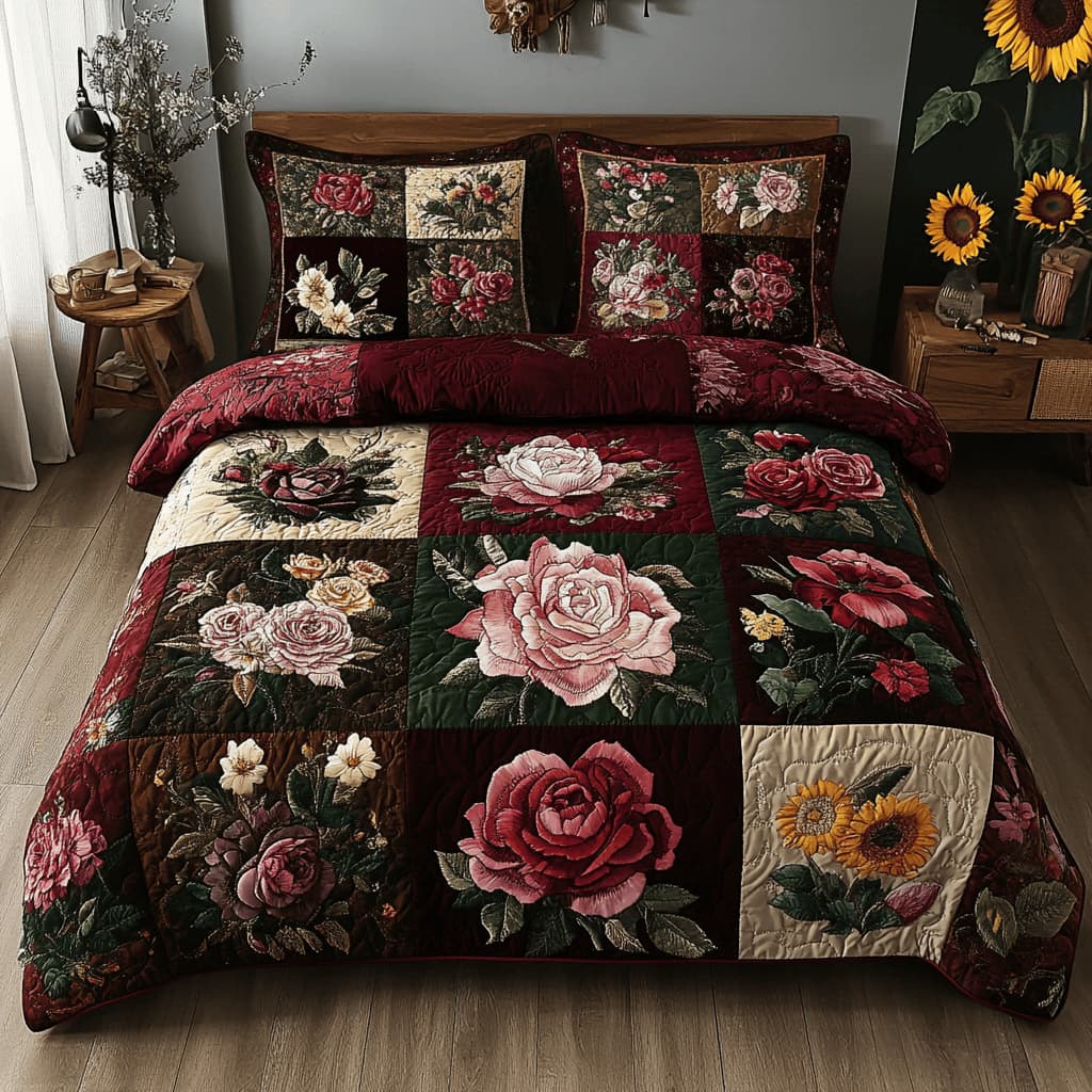 Cross-border Vintage Floral Bedding Set 3-Piece Digital Print Quilted Bed Sheet Home Textiles