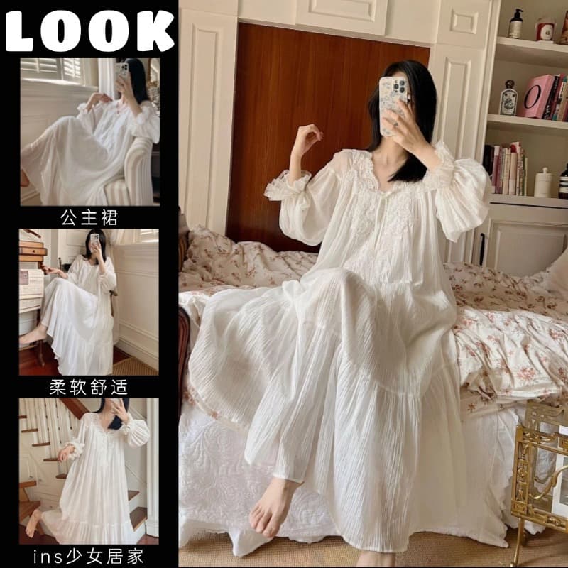 French Palace Sweet Princess Style Long Sleeve Nightgown for Women, New Spring/Autumn with High-End Lace Trim Sleep Dress