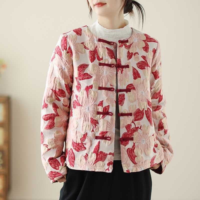 Real Shot Jacquard Embroidery Padded Thickened Cotton Jacket, Chinese Style Coat Top Short Warm Loose