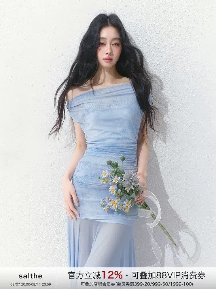 French Off-Shoulder Sheer A-Line Dress 2026 New Style Beach Vacation Bodycon Fishtail Maxi Dress