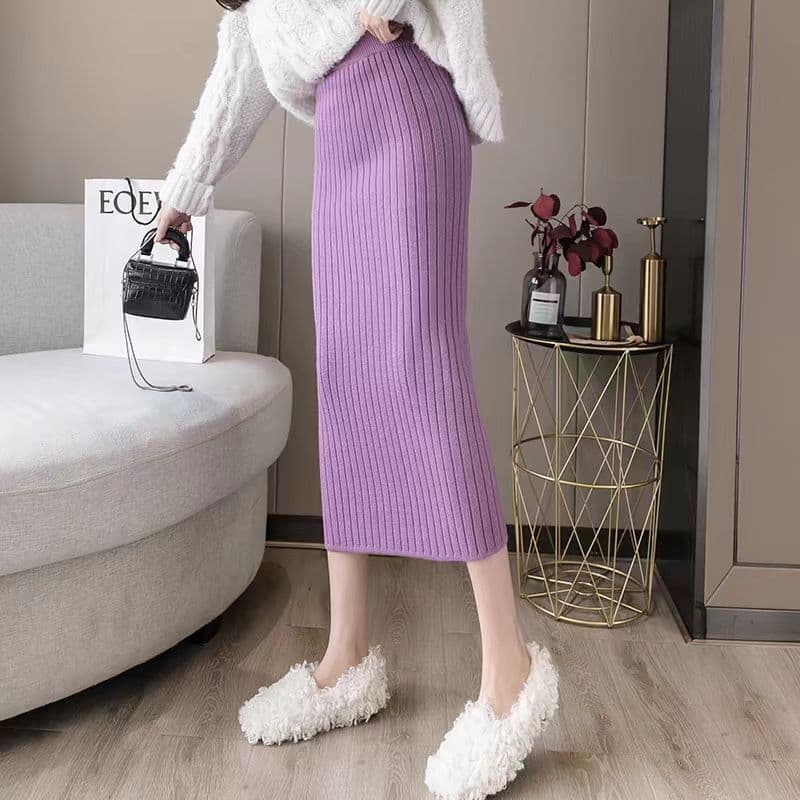 Knitted skirt, women's autumn and winter skirt, thickened new style, mid-length, pitted, non-slit, one-step hip skirt