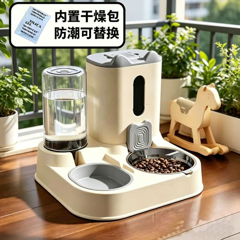 Pet Food Storage Container, Cat Bowl Double Bowl Water Feeder and Food Dispenser, Pet Food Bowl for Cats and Dogs