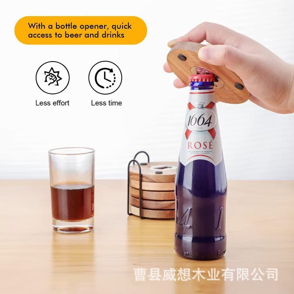 Cross-border Wooden Round Bottle Opener Portable Beer Beverage Opener Home Solid Wood Two-in-One Coaster Bottle Opener