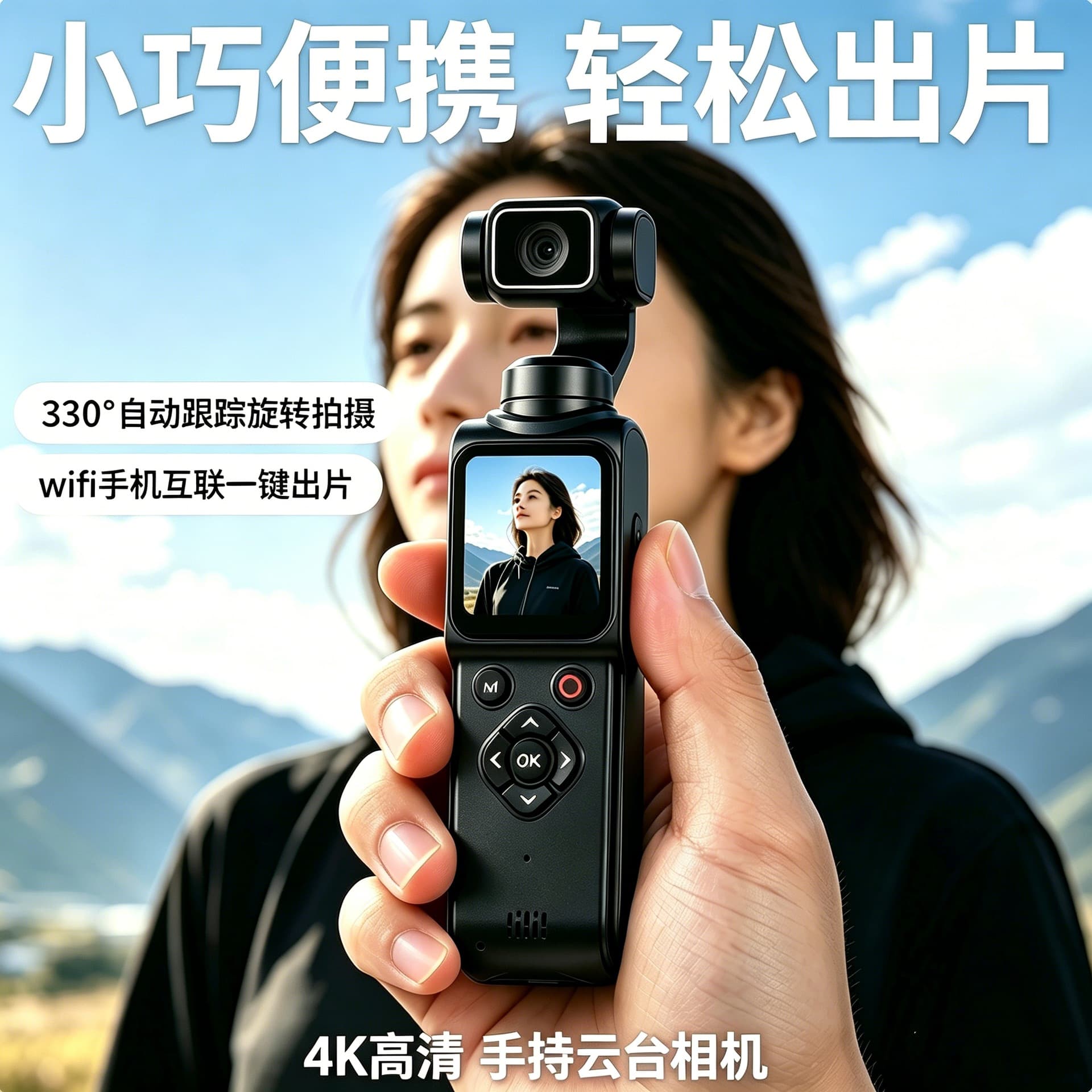4K PTZ Handheld Camera with Human Tracking, Sports Camera, Travel Vlog Recorder, Travel Recorder