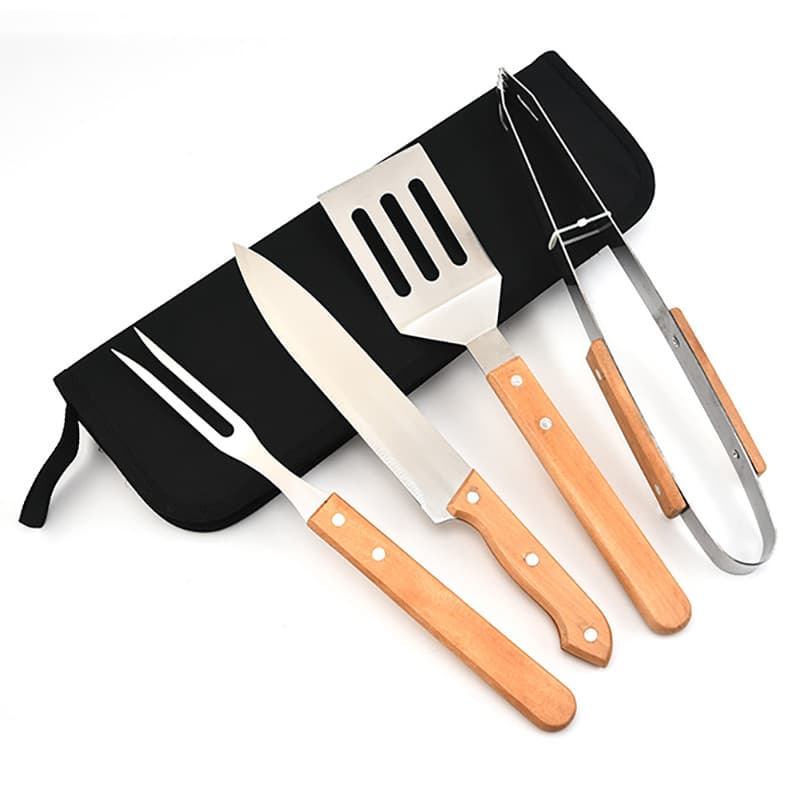 Portable Handbag Stainless Steel Wooden Handle Grill Set - BBQ Outdoor Home Use Barbecue Fork Spatula Tongs Tool Kit