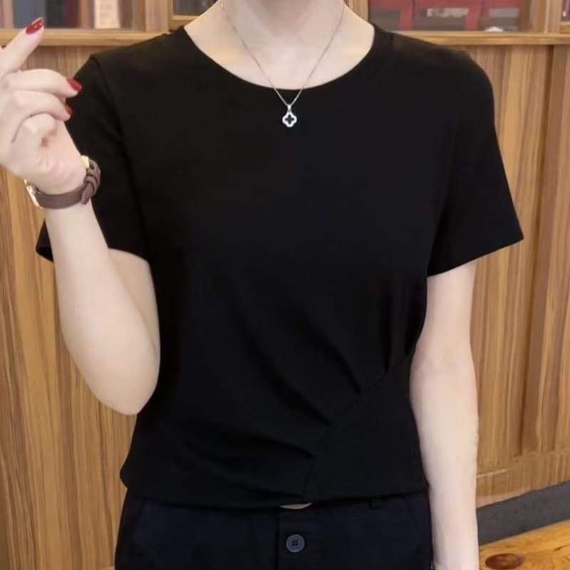 Cool Silk Cotton Round Neck Short-Sleeved T-Shirt for Mothers, Undershirt X Summer Short Pure Color Young Mother's Style Top