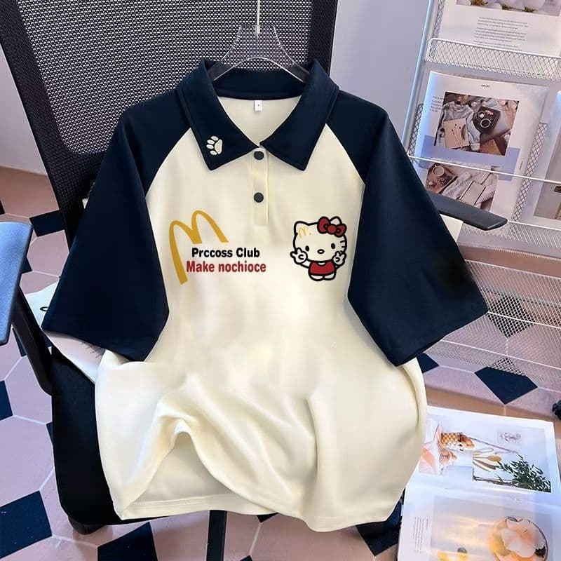 2025 Summer Girls' Neck Embroidered Short-Sleeved Contrast Color POLO Korean Printed Fashionable Tops for Middle and Older Children