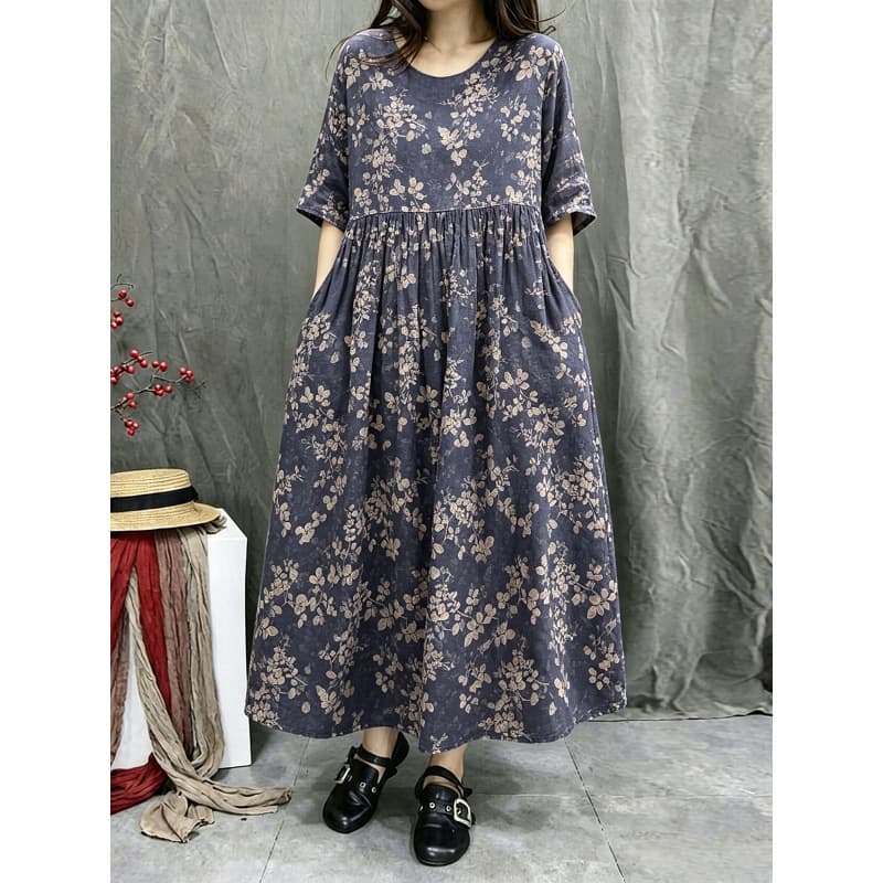 Fairy ramie dress women's polka dot print elegant elegant long skirt cotton and linen literary loose mid-length skirt