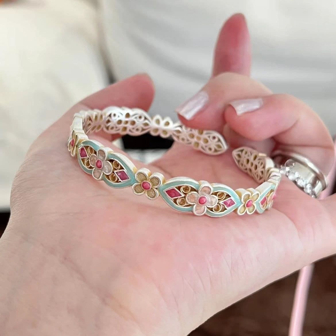 999 Pure Silver Enamel Bracelet for Women, Chinese Style Palace Retro Design, Gift for Girlfriend or Wife