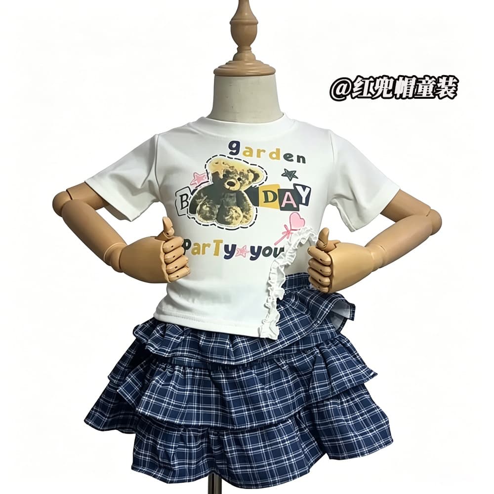 European and American foreign trade children's clothing summer new style girls bear lace slit short-sleeved top plaid pleated skirt two-piece set