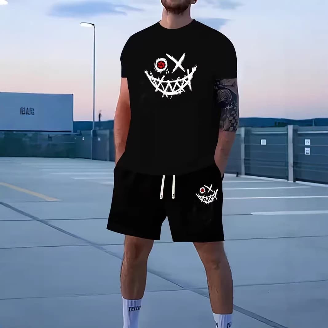 2026 Summer New Men's Short Sleeve Set Smiley Print Loose Fit Plus Size T-Shirt and Shorts 2-Piece Set