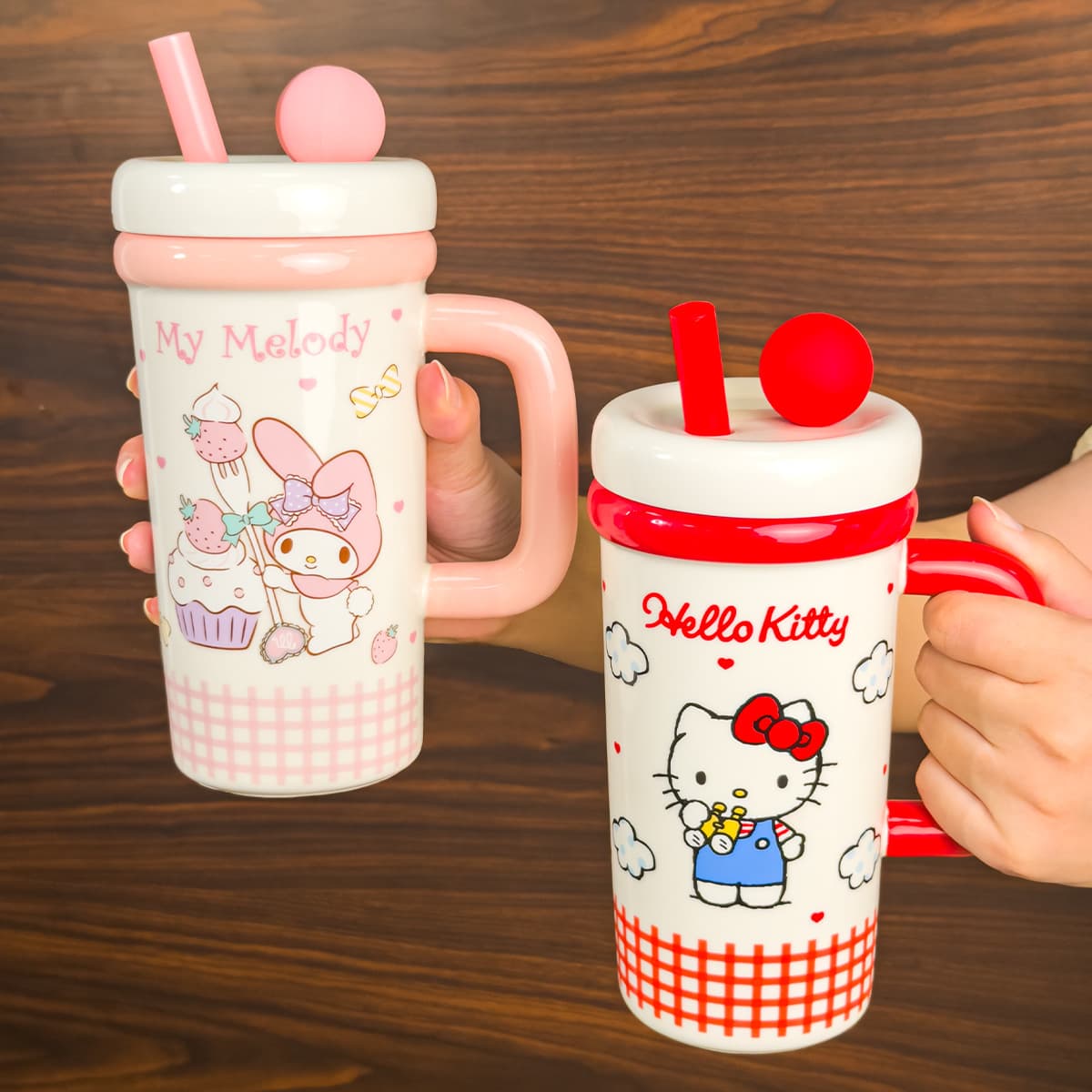 Sanrio Hello Kitty ceramic ice cup large capacity with straw and lid cute breakfast cup coffee cup milk cup