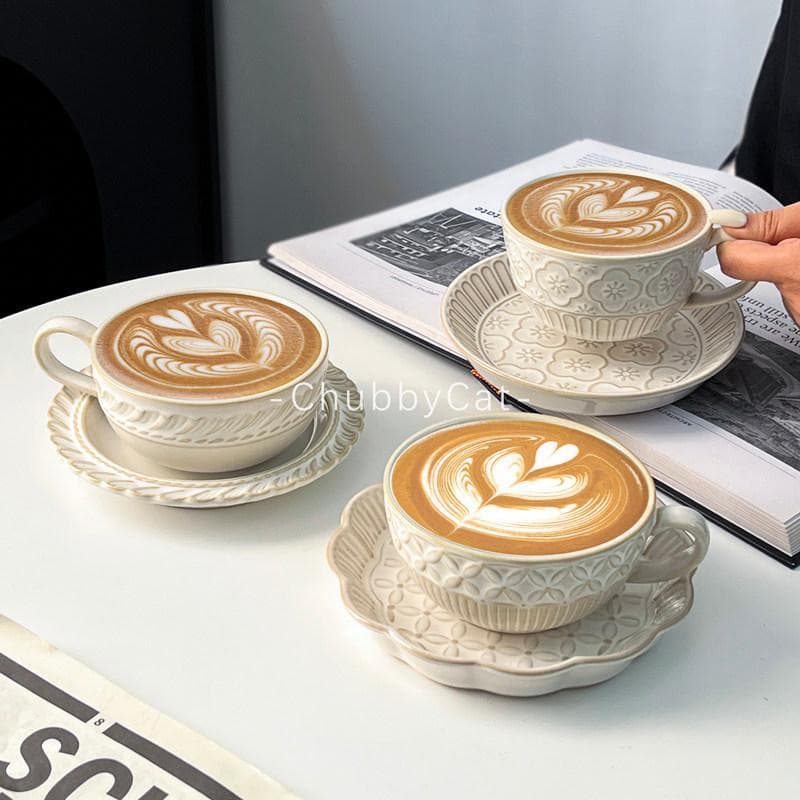 Japanese-Style Retro Embossed Ceramic Coffee Cup and Saucer Set, Afternoon Tea Cup, Kiln-Fired Mug, Latte Cup, Latte Art Cup