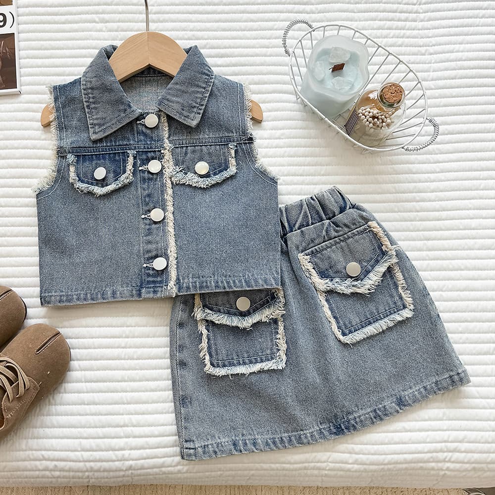 Girls washed denim vest suit summer 2026 new fashion children's denim shorts two-piece set trendy