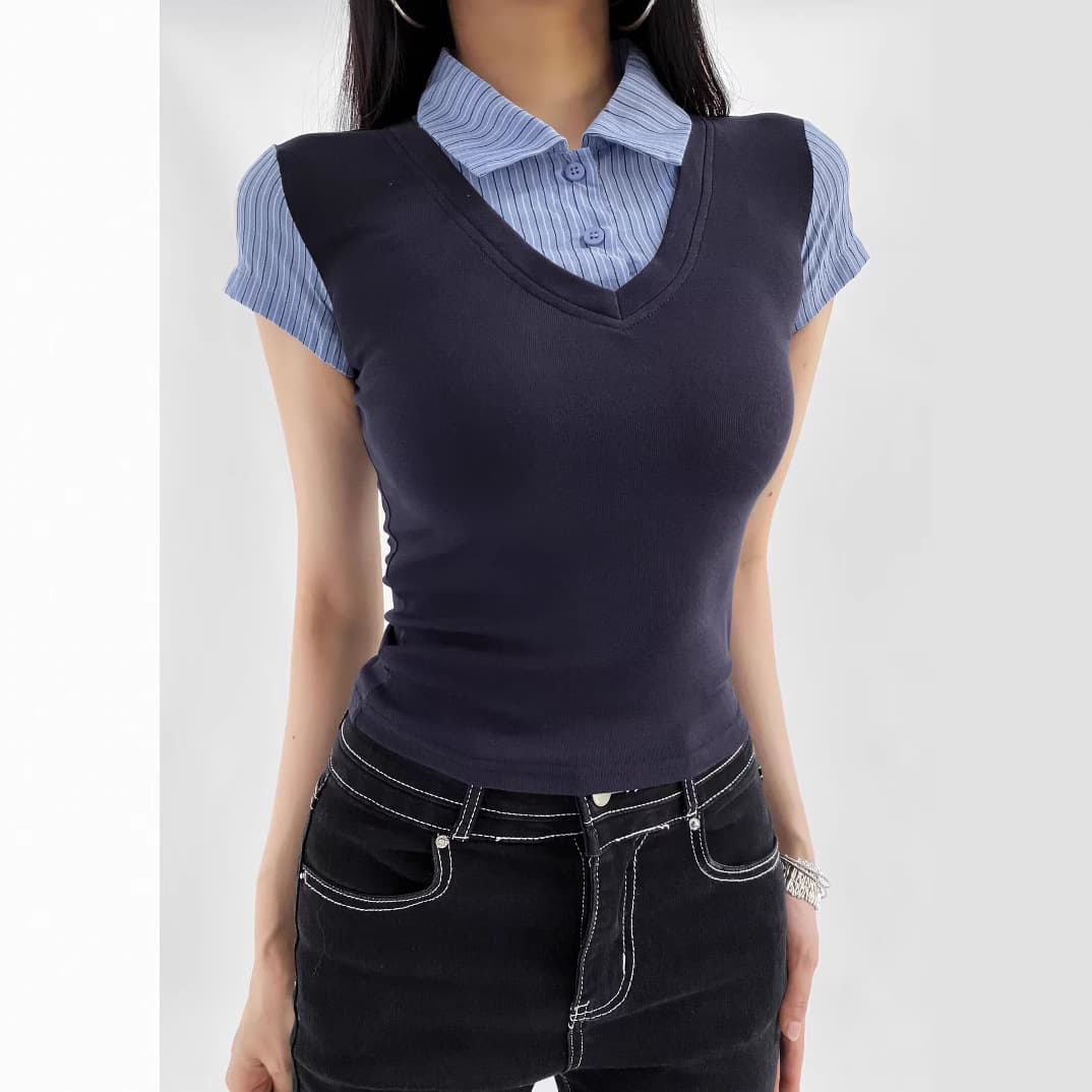 Age-Reducing Preppy Style Fake Two-Piece Shirt Short-Sleeved T-Shirt for Women 2025 Summer New Hot Girl Versatile Slim Color Matching Top