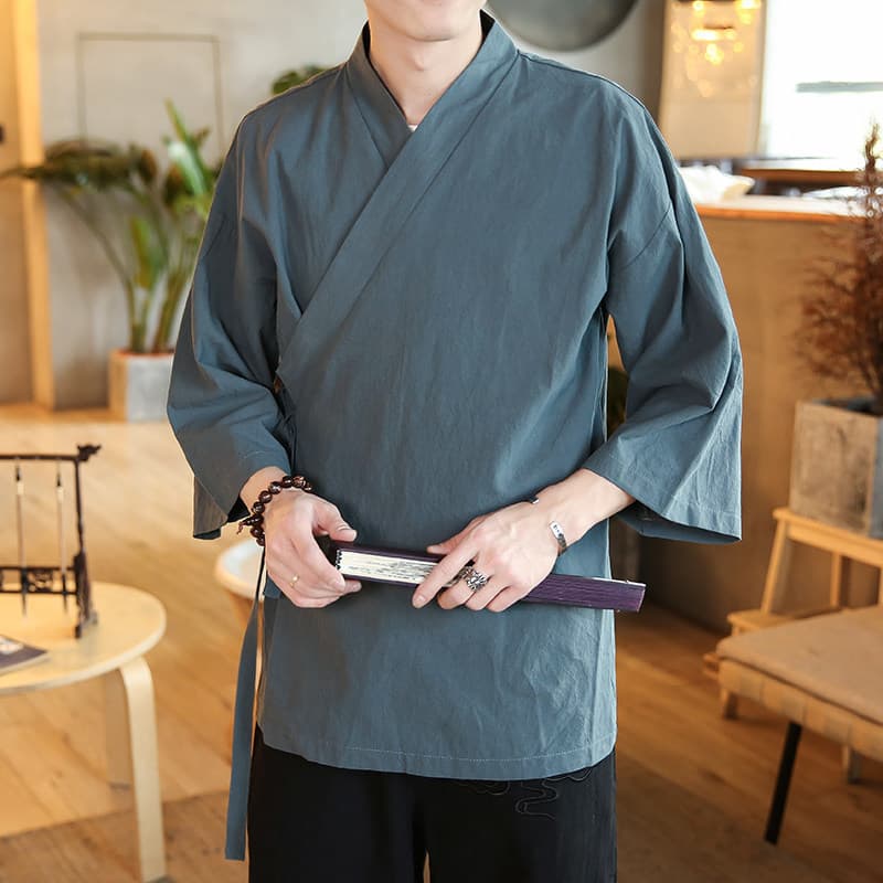 Seven-Quarter Sleeve Hanfu Men's Ancient Style Side-Opening Chinese Style Taoist Robe Plain Pastoral Lay Buddhist Zen Traditional Cultural Outerwear