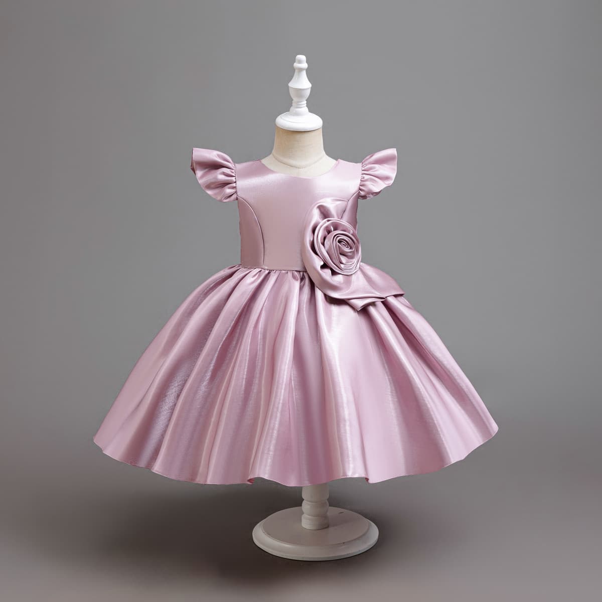 Toddler 3D Floral Girls' Gown Shimmer Satin Butterfly Sleeve Princess Dress Baby First Birthday Princess Dress