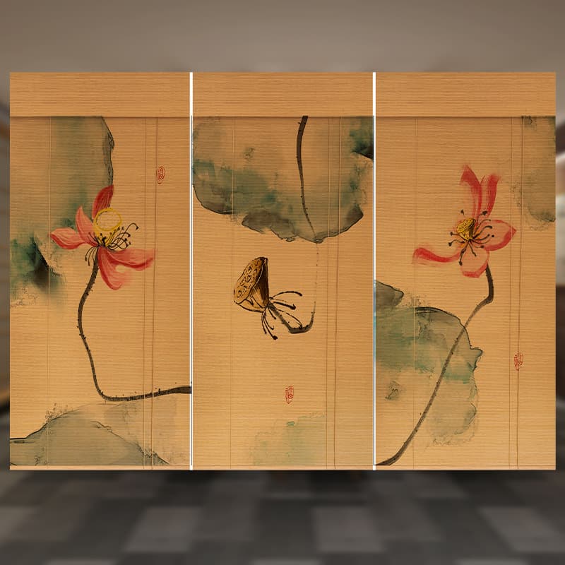 [Lotus] Printed bamboo roll-up curtains, partitions, Zen decorative patterns, Chinese tea room entrance curtains.