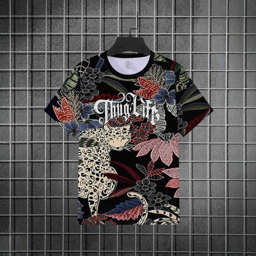 Floral leopard digital printed short-sleeved T-shirt, Gothic English full print, same style for men and women, loose trendy brand half-sleeve