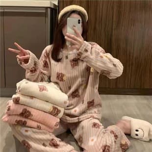 New 2022 Autumn/Winter Sleepwear Set Round Neck Loose Long Sleeve Homewear Flannel Women's Two-Piece Set