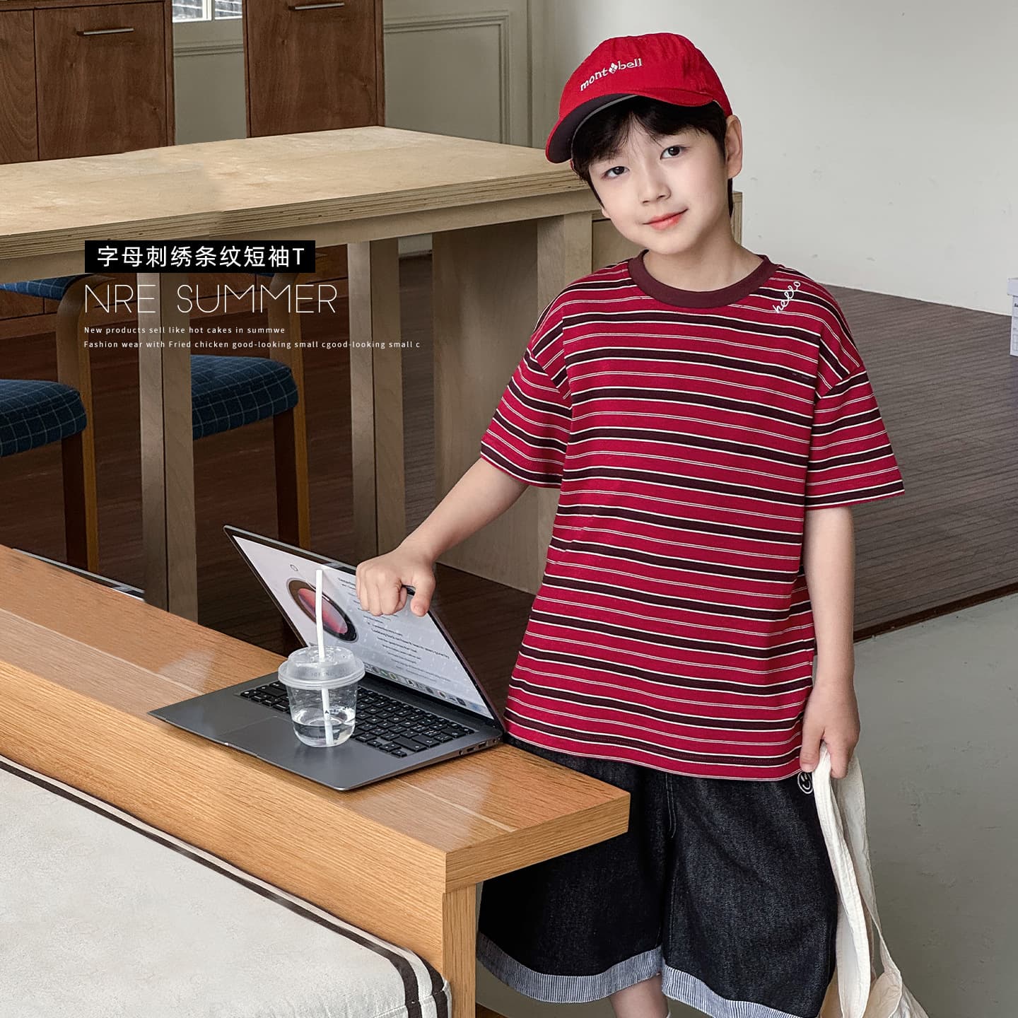 Tongku 2026 Boys Summer Style Cool Letter Embroidery Medium and Large Kids T-Shirt Red Striped Round Neck Children's Short Sleeve Fashion