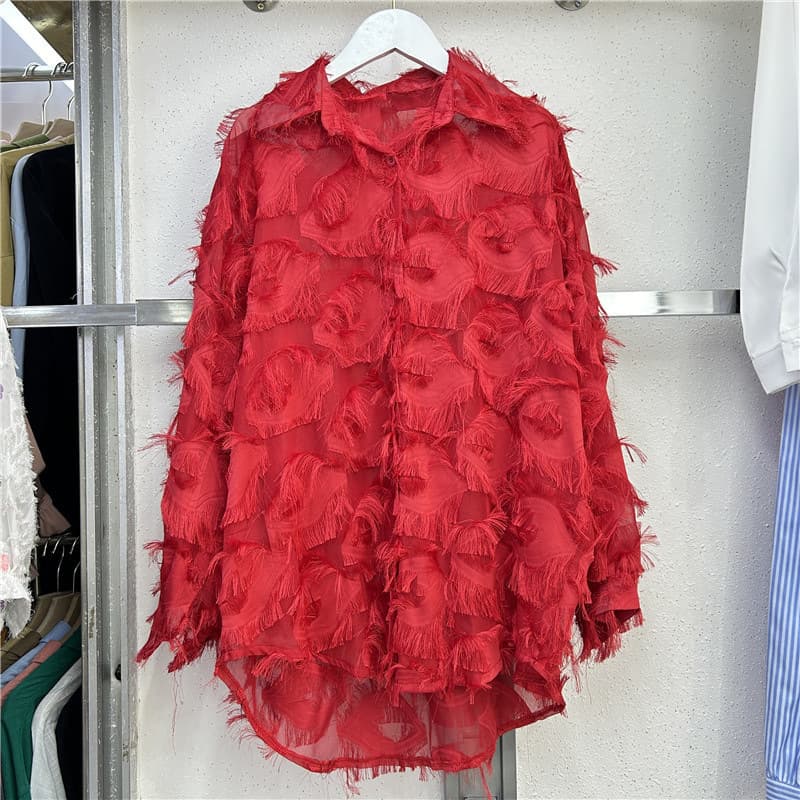 Personalized Fringe Long Sleeve Blouse Women Luxury Deconstruction Shirt Red Loose Style
