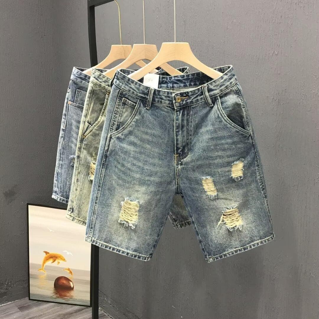 Summer Denim Shorts American Retro Ripped Jeans Youth Fashion Men 2025 Japanese Style