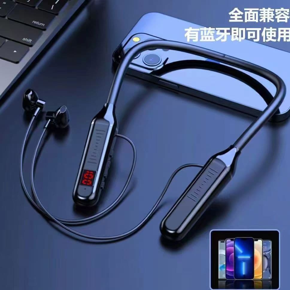 Neckband Wireless Bluetooth Earphones with Digital Display, Large Capacity, Semi-In-Ear, Sports Stereo Neckband Earphones