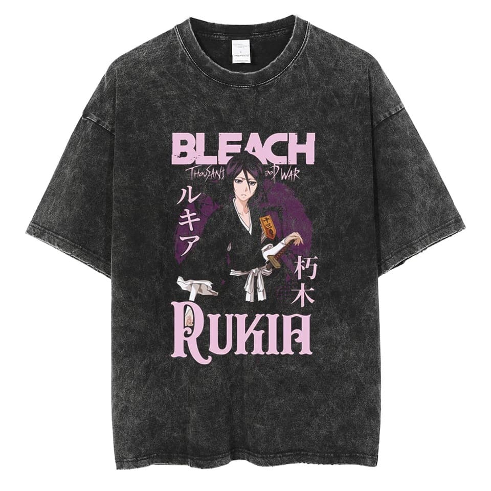 Anime BLEACH Kuchiki Rukia Graphic Washed T-shirt Men Manga