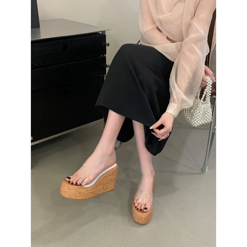 2026 European and American New Style High Heel One-Strap Slippers for Women Summer Outdoor Thick Platform Wedge Transparent Sandals