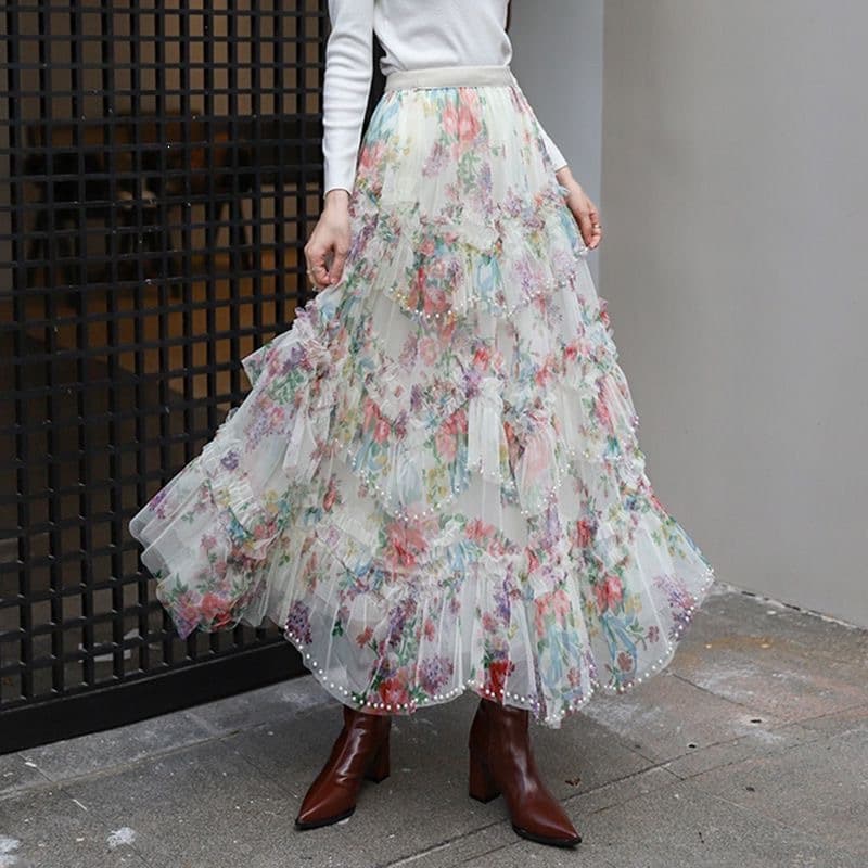 Beaded Irregular Hem Layered Tulle Skirt Rose Print Cake Skirt Mesh Long Skirt Women Puffy Half Skirt Floral