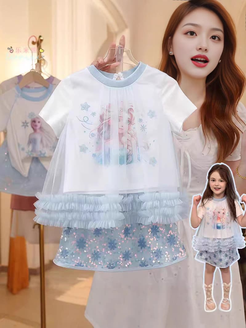 Girls Mesh Short-Sleeve Sequin Dress Set 2025 Summer Kids Faux Two-Piece Elsa Princess T-Shirt and Skirt Set