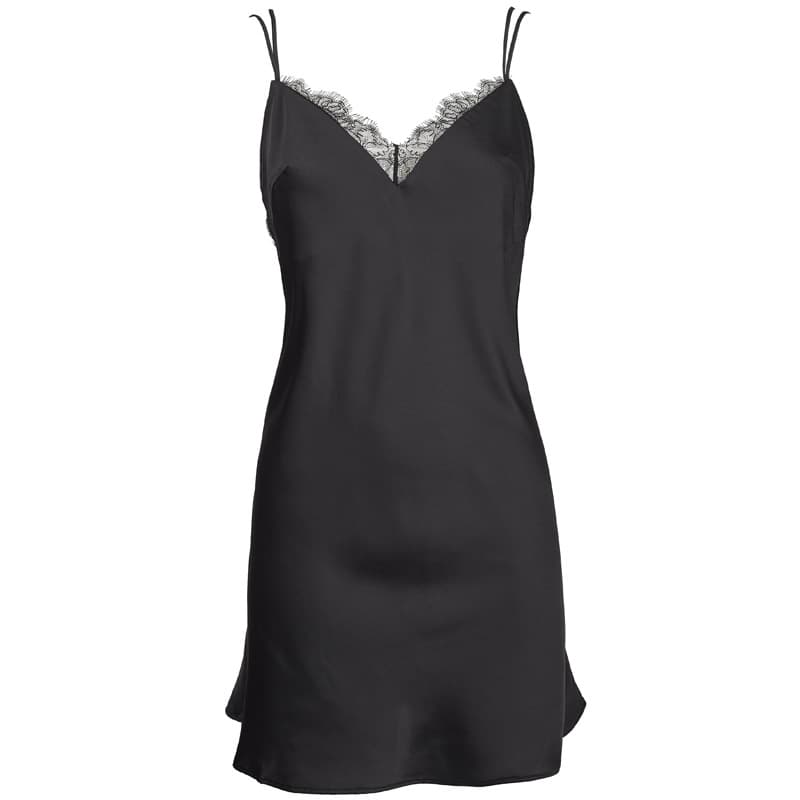 FQ2720 Lace Satin Camisole Backless Cross Strap V-Neck Sleeveless Comfortable Sleep Dress for Women Black and White