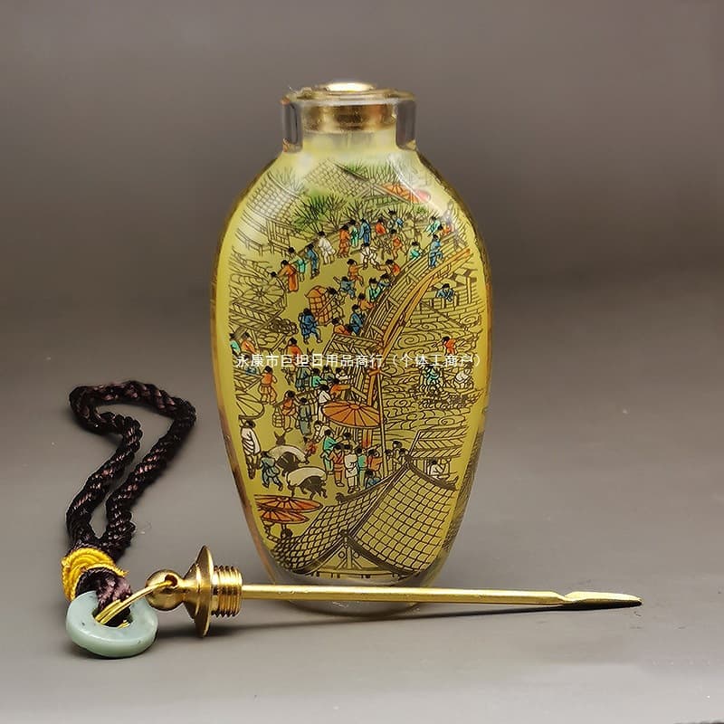 Inside-painted Snuff Bottle, Long Shape, Handicraft, Optional Snuff Powder Set, Along the River During the Qingming Festival, Glass Ornament, Gift