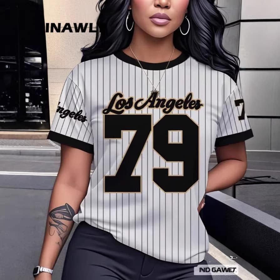 Cross-Border 2025 European and American Sporty Vintage Jersey Loose Streetwear Round Neck Striped Short Sleeve T-Shirt Top for Women