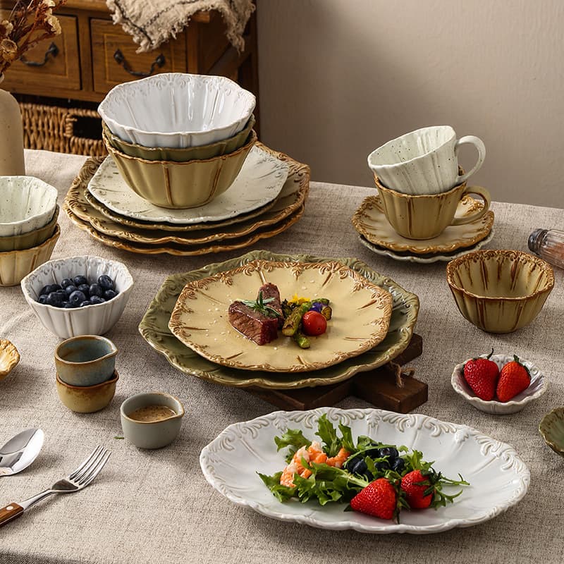 European retro relief palace style ceramic dinner plate coffee cup bowl western dinner plate set home restaurant ceramics manufacturer
