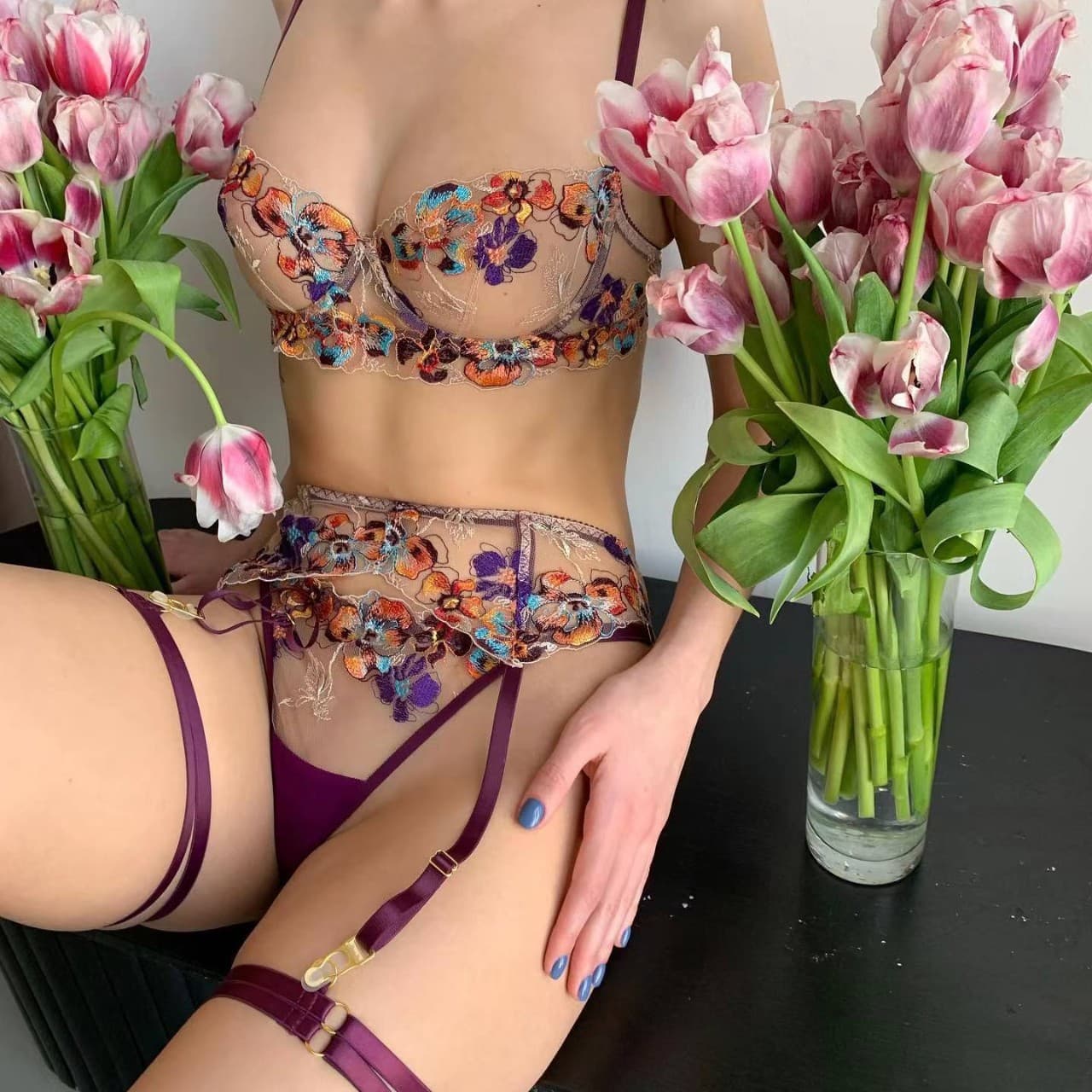 Wholesale Valentine's Lingerie Set of 4 Pieces Embroidered Sexy Lingerie for Export