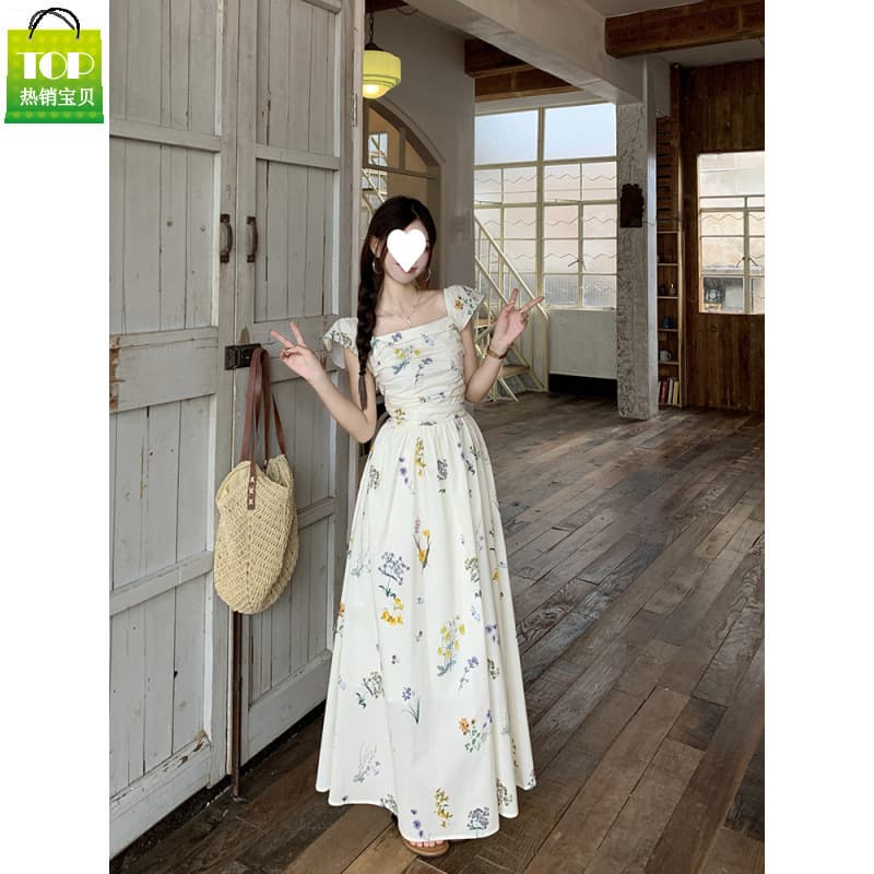 Small flying sleeves square neck floral dress women's summer 2026 new style seaside holiday tea break French style long dress